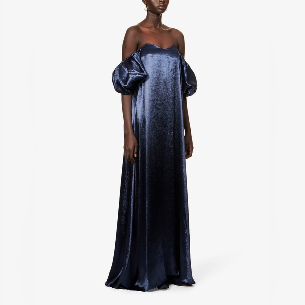 CAROLINE CONSTAS
Palmer puff-sleeve flared-hem satin maxi dress in navy blue